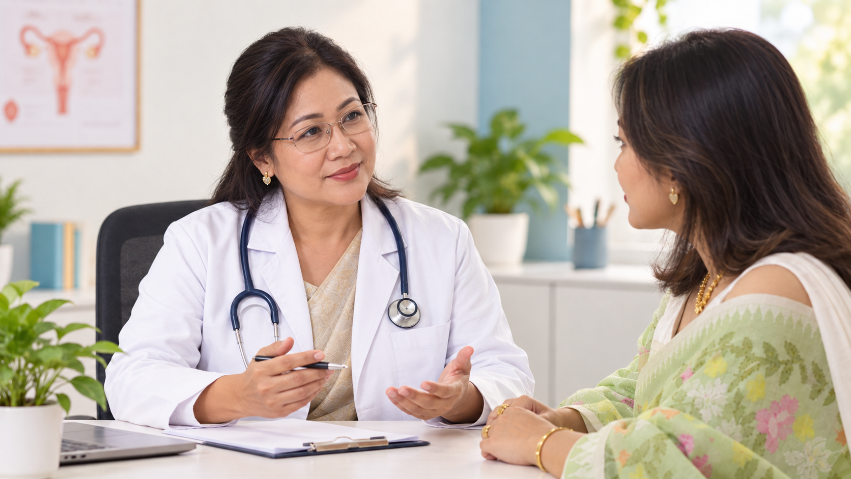 A doctor and patient reviewing a medical record together